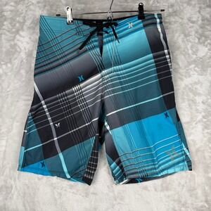 Hurley Mens Plaid Board Shorts Blue Grey Swim Trunks Size 33 Side Zip Pocket